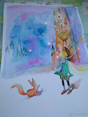 Maly princ, líška a zámok - akvarel