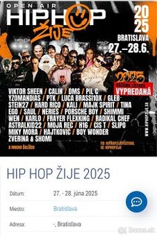 Predam 2x Listok VIP hip hop žije