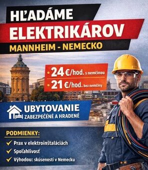 Hľadáme 2–4 elektrikárov na projekt v Mannheime (Nemecko).