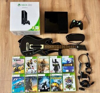Xbox 360 E 250GB – kompletný set + Guitar Hero + hry