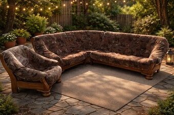 Rohová sedacia súprava s masivným drevom+kreslo