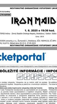 2 vstupenky Iron Maiden Bratislava 1.6.2025
