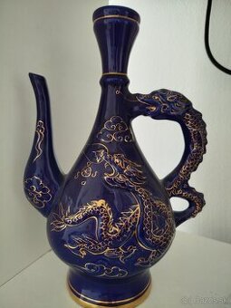 Keramická karafa a poháriky , Modrá keramická karafa džbán