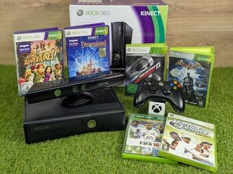 Xbox 360 Slim/E, 1 ovládač, kinect, 6 hier
