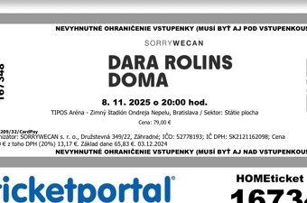 2 lístky DARA DOMA LACNEJŠIE - 8.11.2025 BRATISLAVA