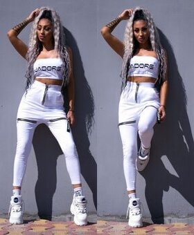 Stylove damske biele nohavice so zipsom + crop top NOVE