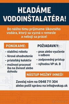 Ponúkame prácu -Inštalatér/Kurenár