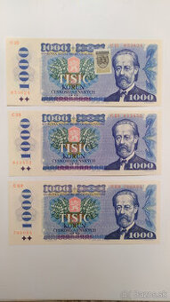 Bankovky 1000 Kčs UNC, aj posledné číslo C42 varianty a)