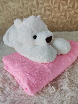 Plyšová hračka, macko s dekou vo vnútri, biely a ružová deka