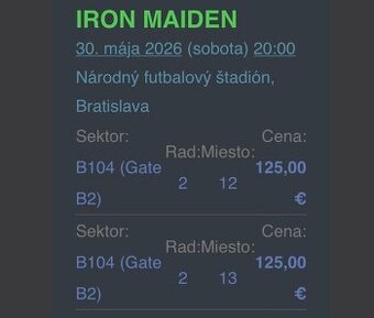 2 lístky na koncert Iron Maiden