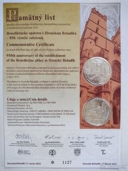 Pamätný list - Benediktínske opátstvo v Hronskom Beňadiku