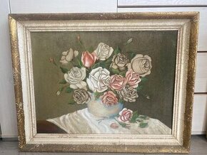 Starožitný maľovaný obraz - kvety - 1