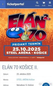 Predám 1 lístok Elán 70 Košice