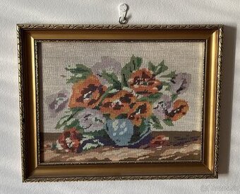 Vyšívaný obraz - kvety vo váze