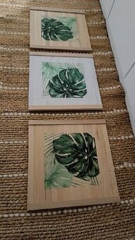 Originálne Handmade obrazy sada 3 kusy drevené Monstera