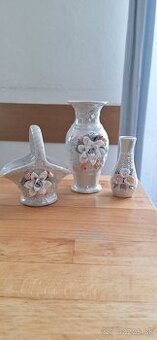 Perleťová porcelánová súprava – vázičky a košík po prastarej