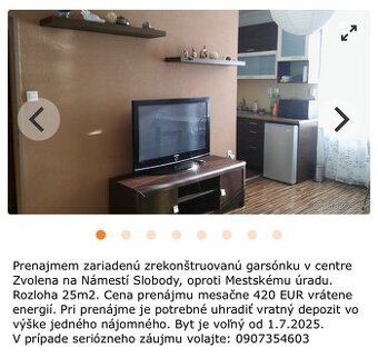 Prenájom garsonka centrum Zvolen