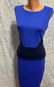 modré elastické peplum šaty Mango veľ. 38