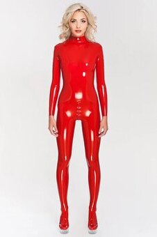Latexový novy celotelový catsuit - červený