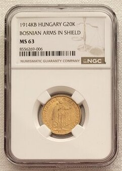 Zlatá uhorská 20 koruna FJI, 1914, so znakom Bosny, NGC MS63