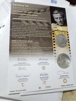 Pamätny list k minciam Jozef Kroner