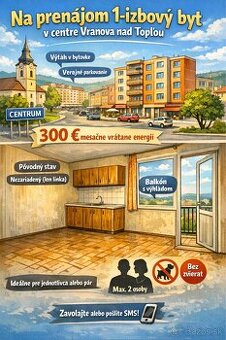 1-izbový byt s balkónom v centre Vranova nad Topľou