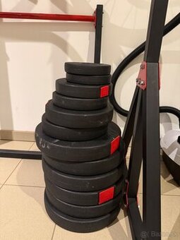 Kompletná sada činiek, kotúčov a stojanov + lavička – 77 kg