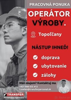 OPERÁTOR VO VÝROBE | 1250 € MESAČNE + UBYTOVANIE A DOPRAVA