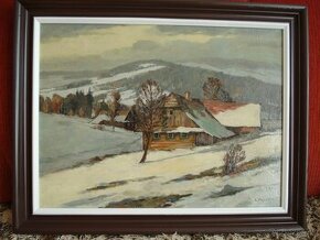 Chalupa v zime 2- olej na kartone 61x48cm/aj s rámom/