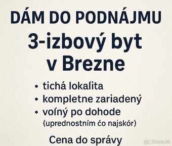 Dlhodobý prenájom 3 izbový byt v Brezne