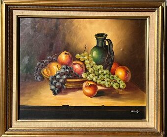 Obraz Konpozicia s ovocím a zelenou vázou, olejomaľba