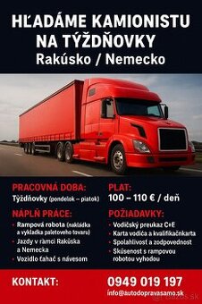 HĽADÁME KAMIONISTU NA TÝŽDŇOVKY BA