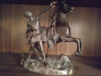 Socha, bronzová starožitnosti, jazdec, kôň - 1