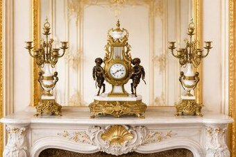 Starožitné krbové hodiny FHS s kentaury+svícny XXL