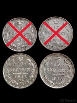 Strieborné 15, 10 a vzácne 5 Kopejky STAV