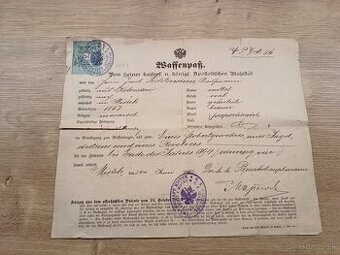 Zbrojní pas -preukaz,Waffenpass, 1892 Rakúsko Uhorsko