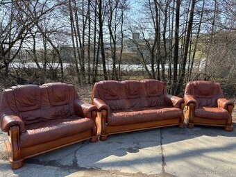Kožená sedacia súprava 3+2+1 s masívnym drevom