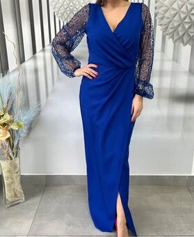 Modré spoločenské šaty s trblietavými rukávmi L/40