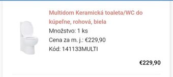 Keramická toaleta rohová nová, nepouzivaná