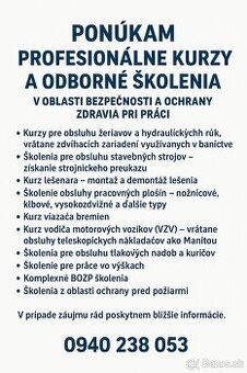 Odborné kurzy školenia BOZP - žeriavy, stroje, plošiny, VZV
