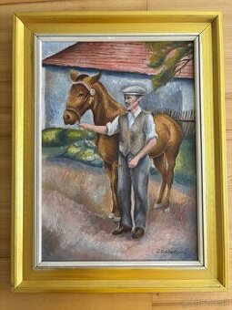 Starý obraz / Kůň a sedlák - D. Dařenová - olej 47x61
