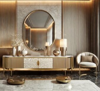 NOVÁ RTV skrinka Komoda zlatá Glamour s mušľami a mramorom