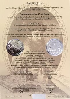 2016/10€ Juraj Turzo – 400. výročie úmrtia - Pamätný list