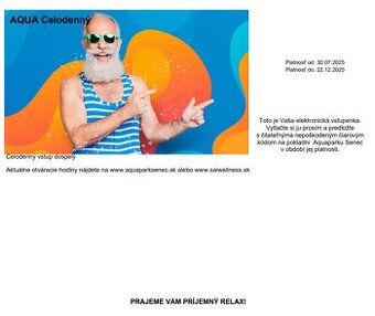 Predám 4x celodenný lístok do AQUAPARKU SENEC