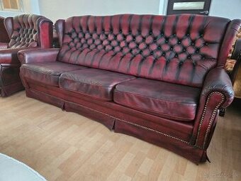 CHESTERFIELD ŠTÝL,KOŽENÁ BORDOVO-ČIERNA,NEROZŤAHOVACIA 3+1+1