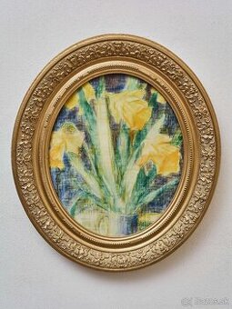 Nadčasový obraz s motívom žltých narcisov v oválnom ráme