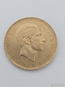 Mince zlata 25 pesetas 1881