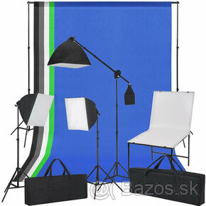 Fotografická súprava s foto stolom, svetlami a fareb. pozad.