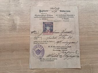 Poľovnícky lístok, Honební lístek, 1895 Rakúsko Uhorsko