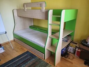 Detská poschodová posteľ, dekor breza+zelená
